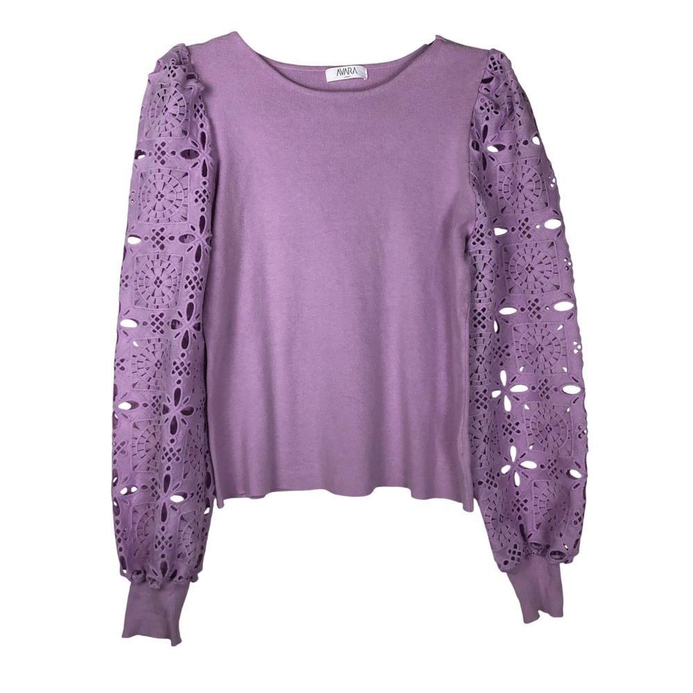 Avara Womens Crochet Embroidered Puff Sleeve Sweater Size L Lavender Purple Boho